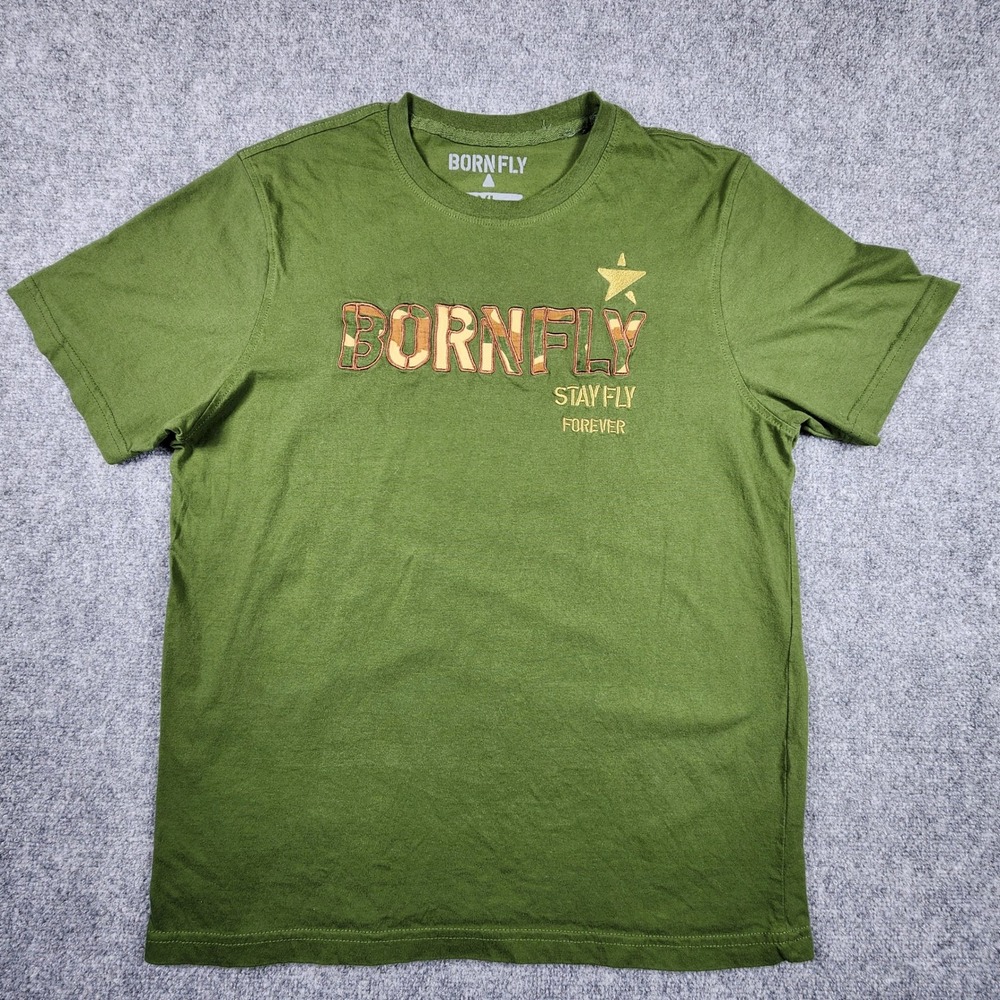 Born Fly Mens XL Olive Green Camo Logo Stay Fly Forever Graphic T-Shirt Cotton